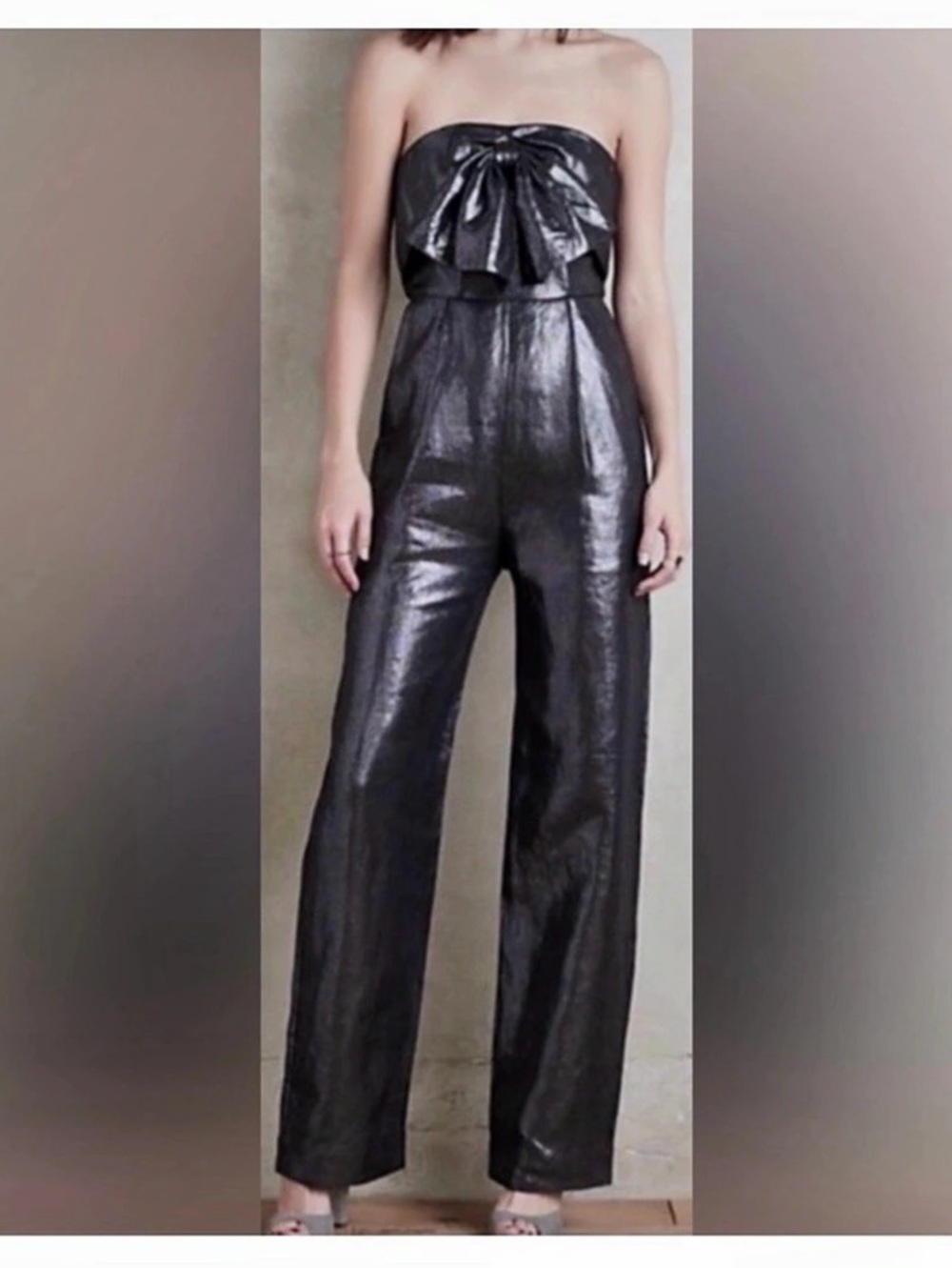 Rachel Antonoff Bow Front Metallic Jumpsuit in Black Size 10 NWT